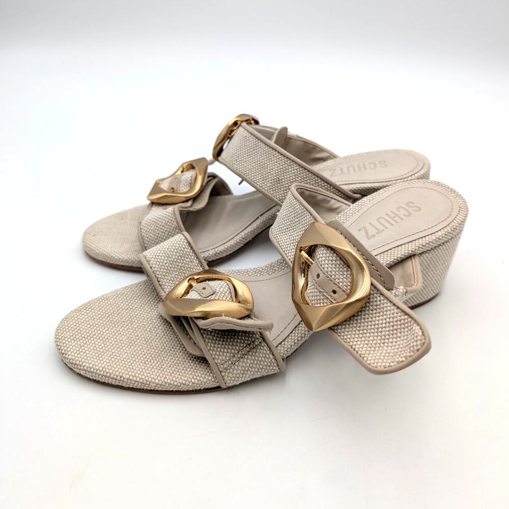 Schutz Olga Buckle Block Heel Sandals Open Toe Women's Beige Size US7.5B EU37.5